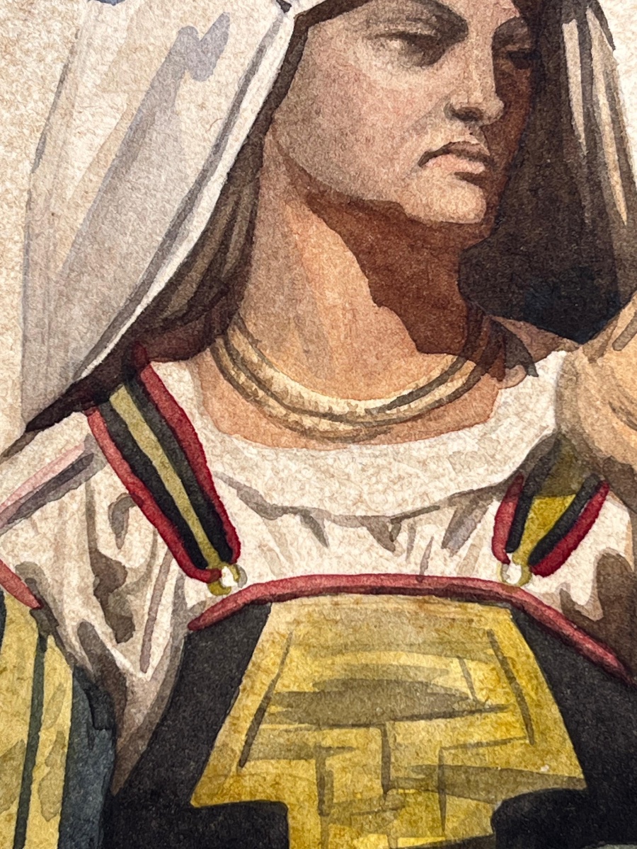 Italian Woman In Traditional Dress From The Ciociaria Or Abruzzo Regions, Holding A Spindle, 19th Century  Watercolor -photo-5