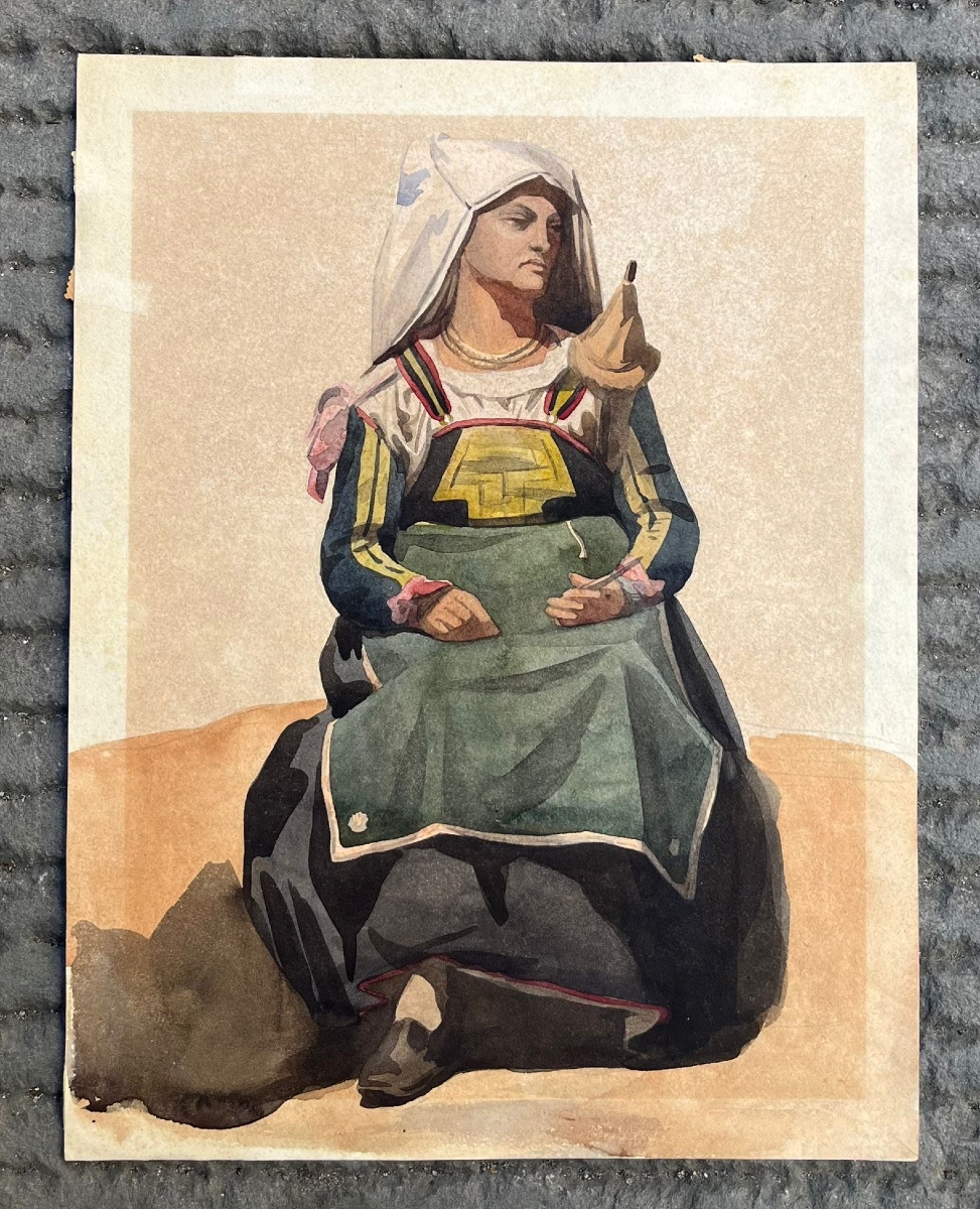 Italian Woman In Traditional Dress From The Ciociaria Or Abruzzo Regions, Holding A Spindle, 19th Century  Watercolor -photo-6