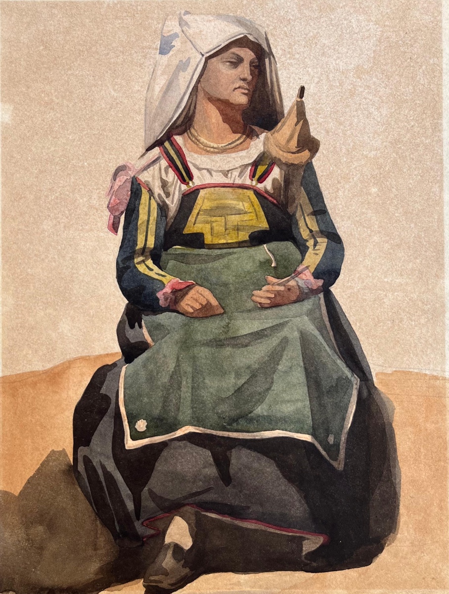 Italian Woman In Traditional Dress From The Ciociaria Or Abruzzo Regions, Holding A Spindle, 19th Century  Watercolor 