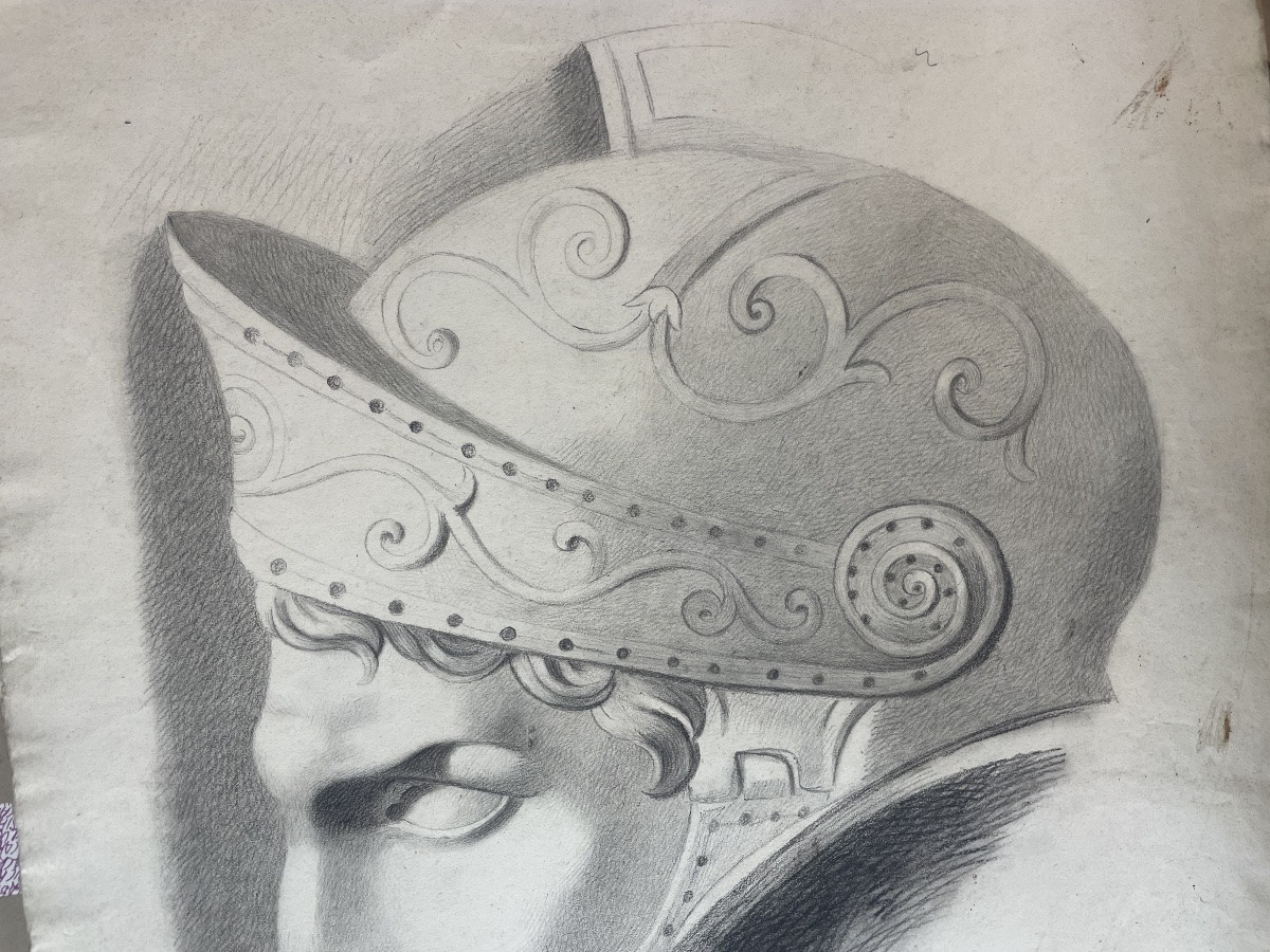 Head Of A Warrior With Helmet, Academic Study, 19th Century, 57 × 43 Cm -photo-1