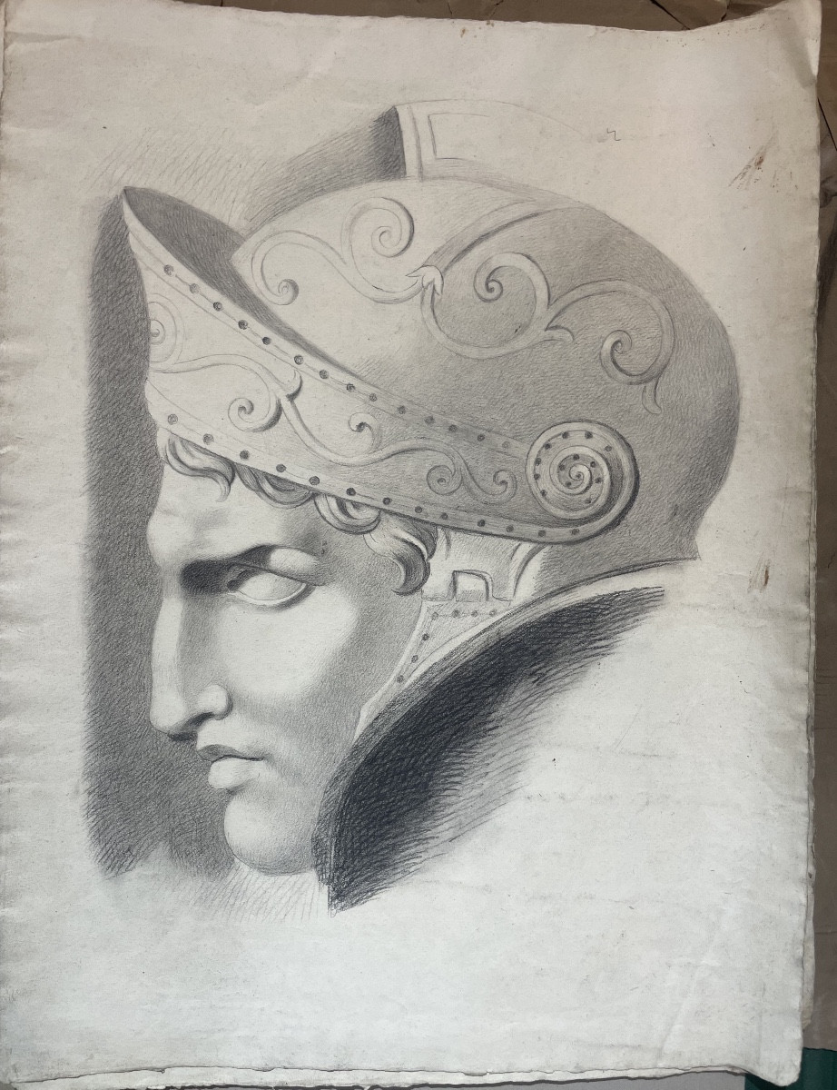 Head Of A Warrior With Helmet, Academic Study, 19th Century, 57 × 43 Cm -photo-4