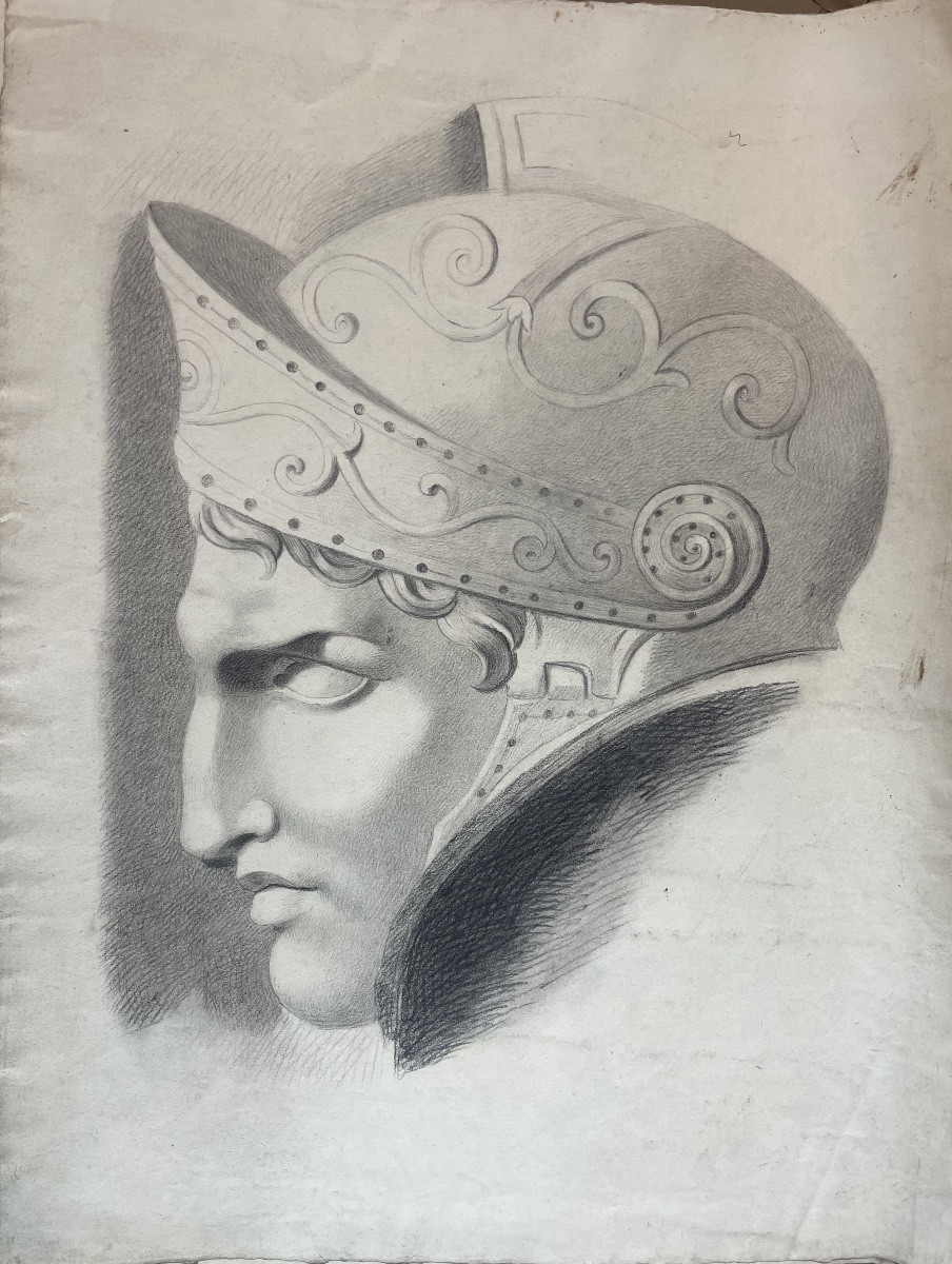 Head Of A Warrior With Helmet, Academic Study, 19th Century, 57 × 43 Cm 