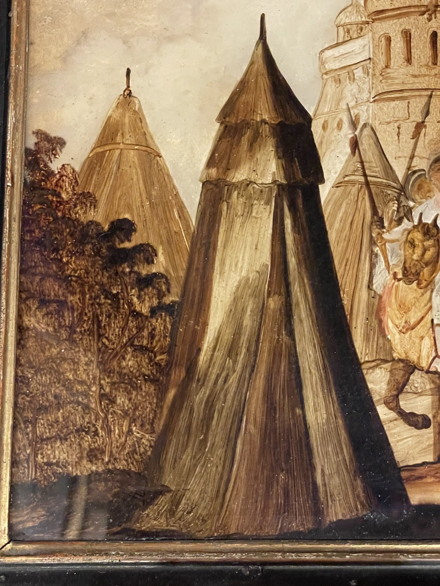 Reverse Glass Painting With Siege Scene And Military Encampment, 18th Century, Venice (?)  -photo-2