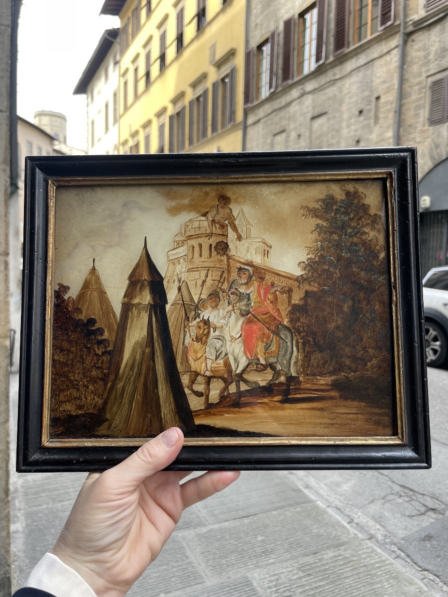 Reverse Glass Painting With Siege Scene And Military Encampment, 18th Century, Venice (?)  -photo-5