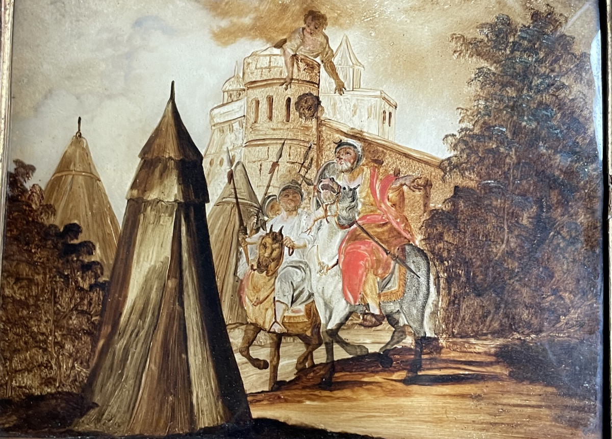 Reverse Glass Painting With Siege Scene And Military Encampment, 18th Century, Venice (?)  