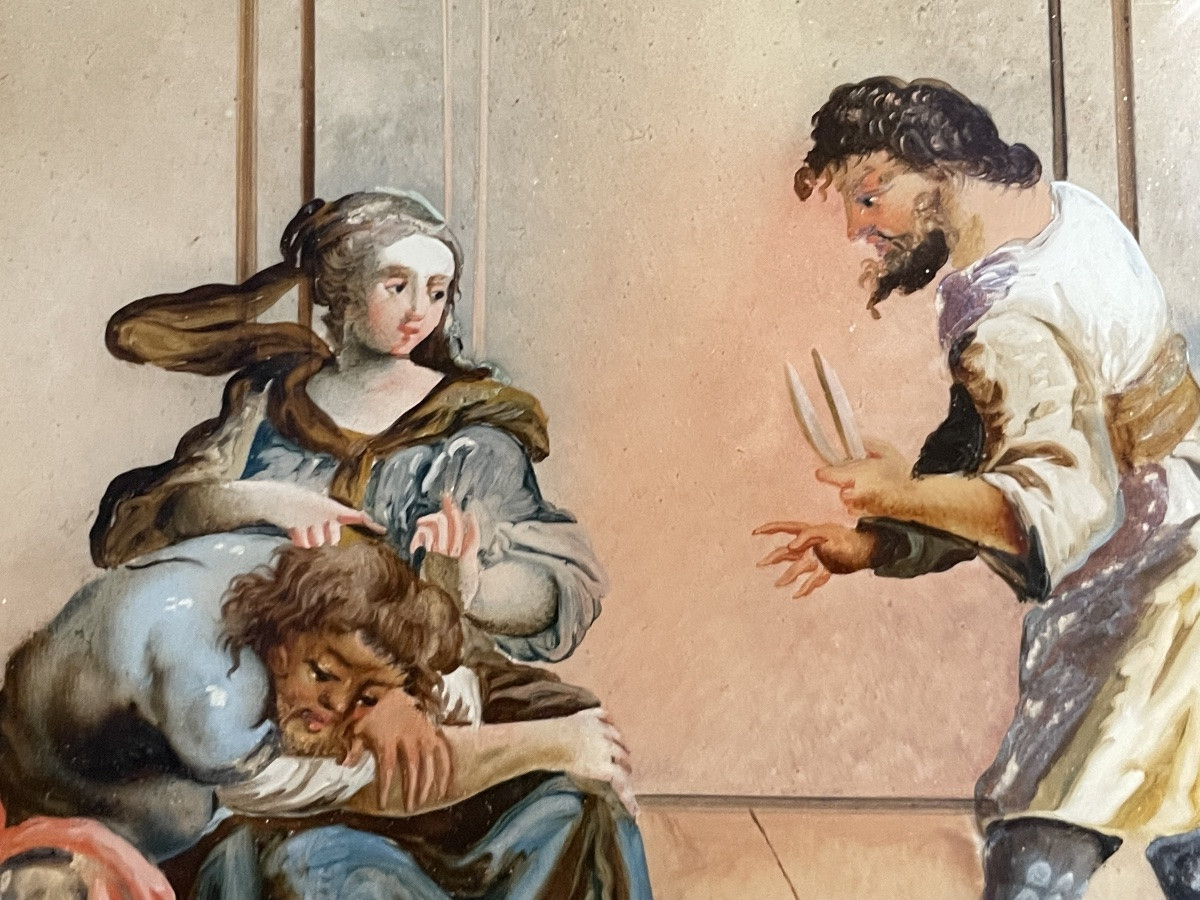 Reverse Glass Painting Depicting Samson And Delilah, 18th Century, Venice (?)  -photo-1