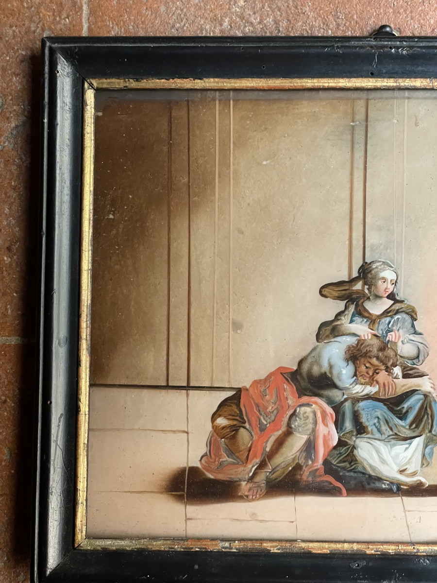 Reverse Glass Painting Depicting Samson And Delilah, 18th Century, Venice (?)  -photo-3