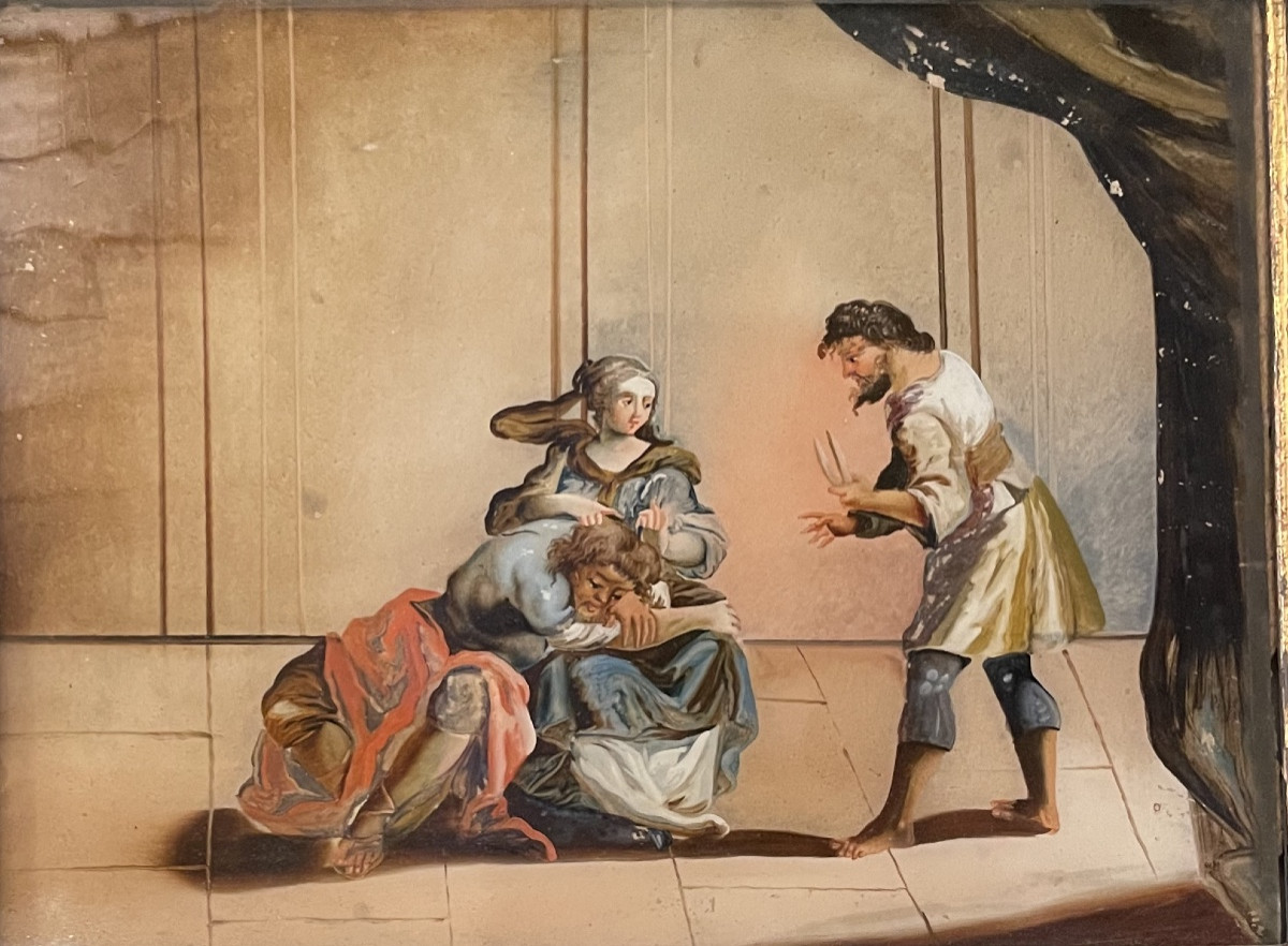Reverse Glass Painting Depicting Samson And Delilah, 18th Century, Venice (?)  