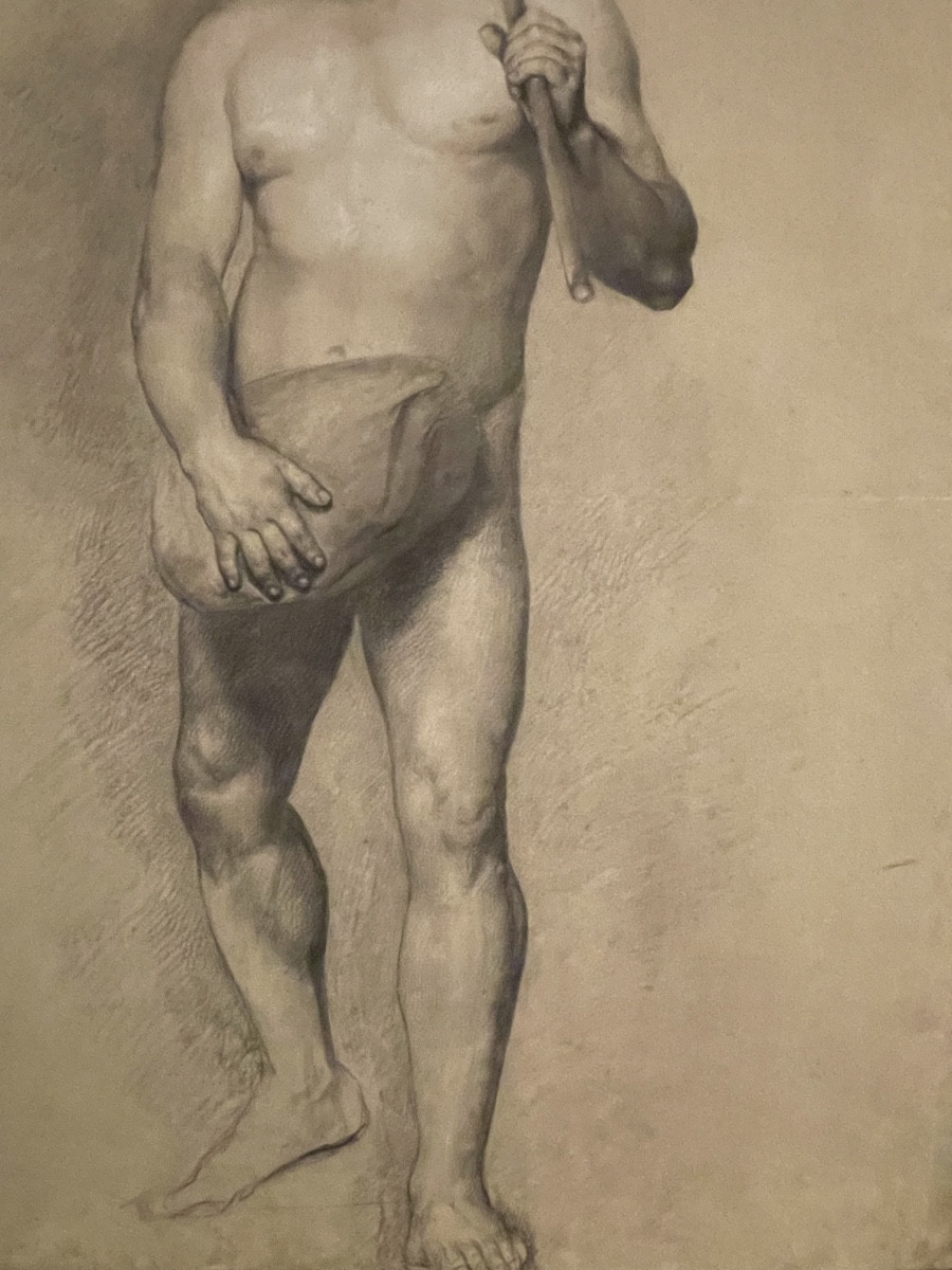 Étude académique de nu masculin avec moustache et bâton, école florentine, fin XVIII/début XIX-photo-2