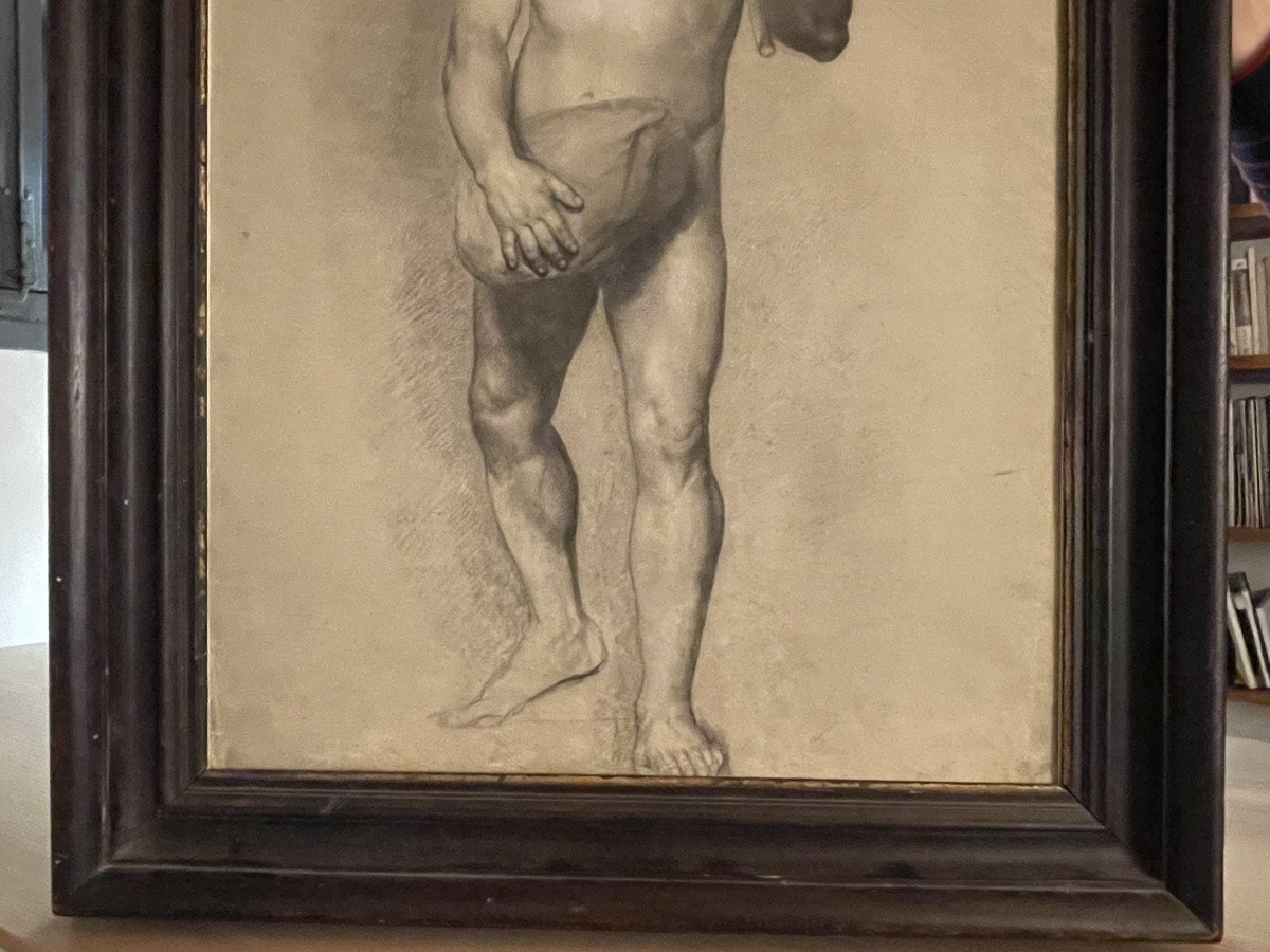 Étude académique de nu masculin avec moustache et bâton, école florentine, fin XVIII/début XIX-photo-1