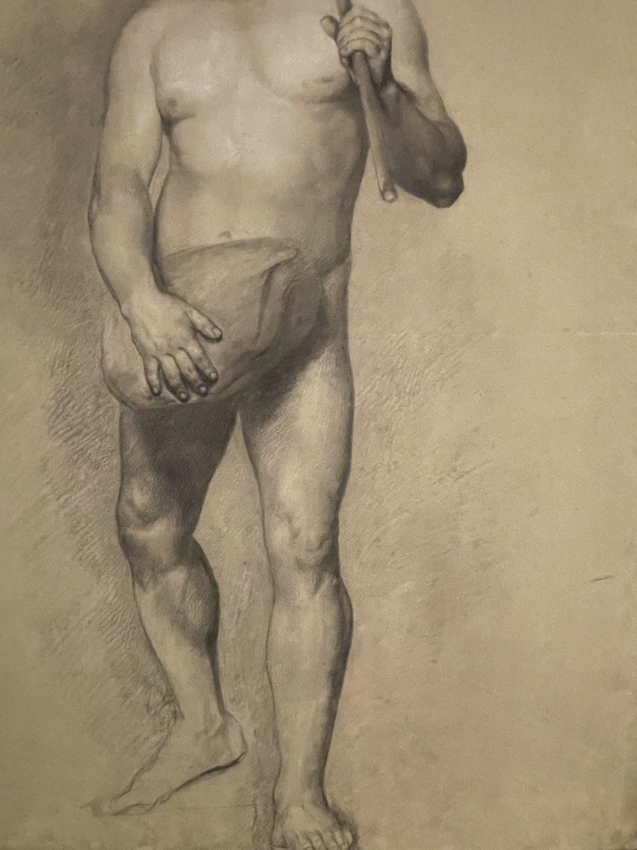 Étude académique de nu masculin avec moustache et bâton, école florentine, fin XVIII/début XIX-photo-2