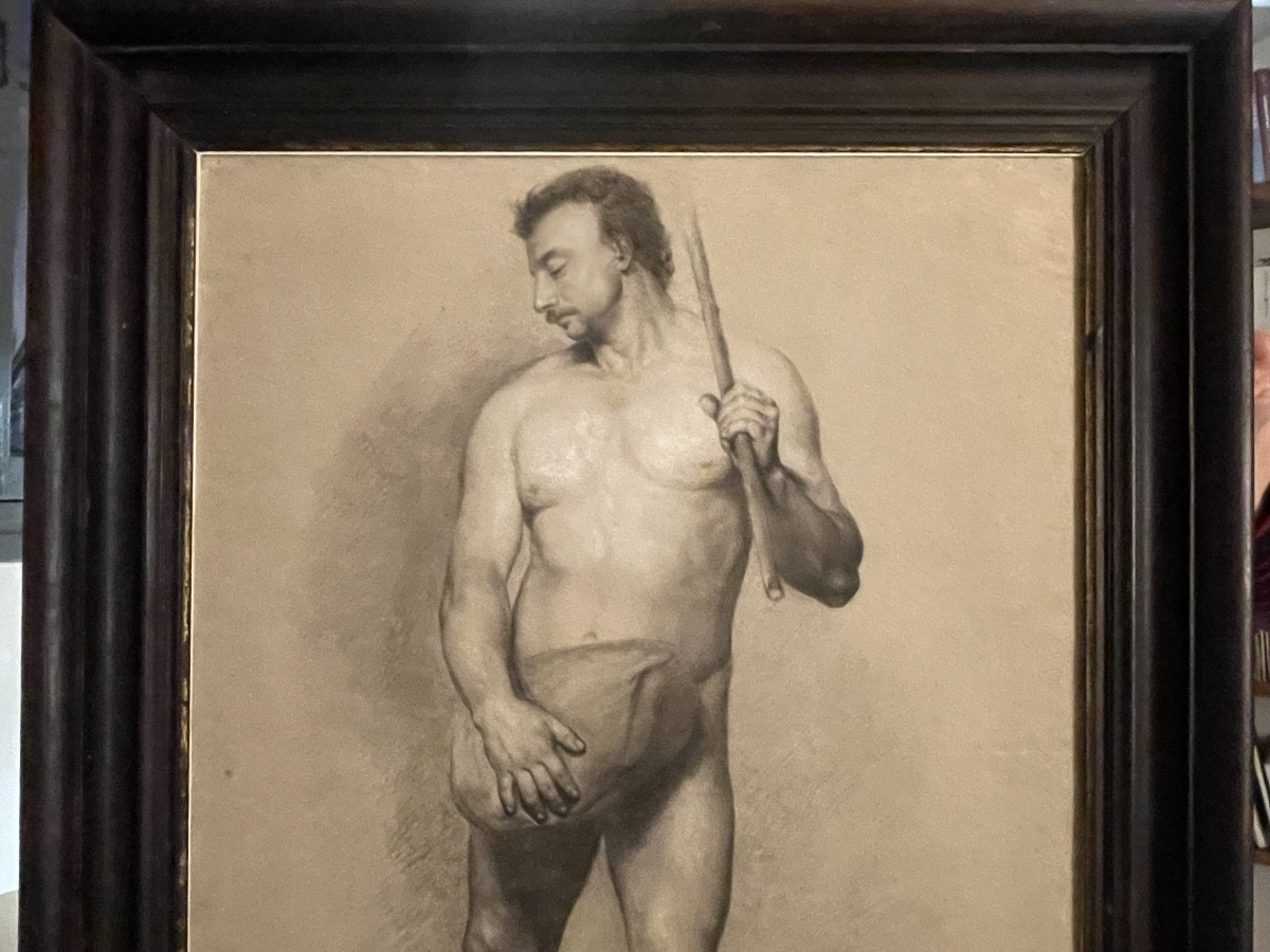 Étude académique de nu masculin avec moustache et bâton, école florentine, fin XVIII/début XIX-photo-5