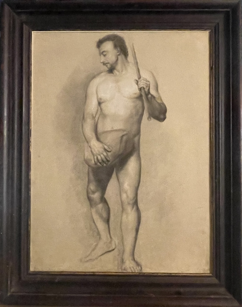 Étude académique de nu masculin avec moustache et bâton, école florentine, fin XVIII/début XIX
