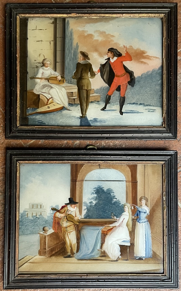Reverse Glass Paintings With Gallant And Musical Scenes In The Taste Of Pietro Longhi Venice.