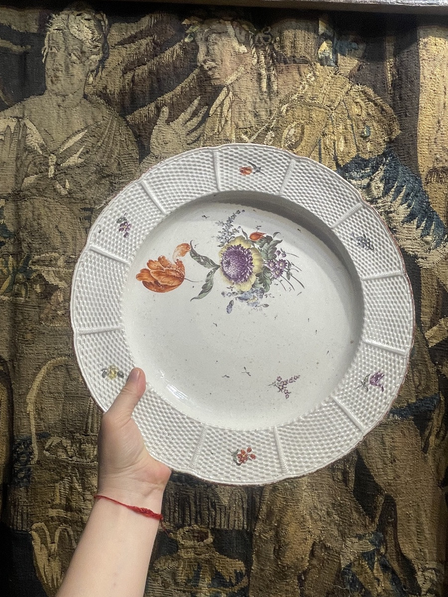 Frankenthal Porcelain Plate 18th Century Floral Decoration Woven Relief 34.5 Cm  -photo-2