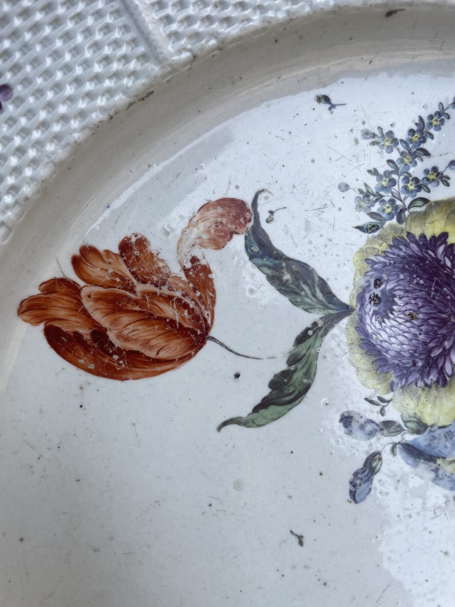 Frankenthal Porcelain Plate 18th Century Floral Decoration Woven Relief 34.5 Cm  -photo-1