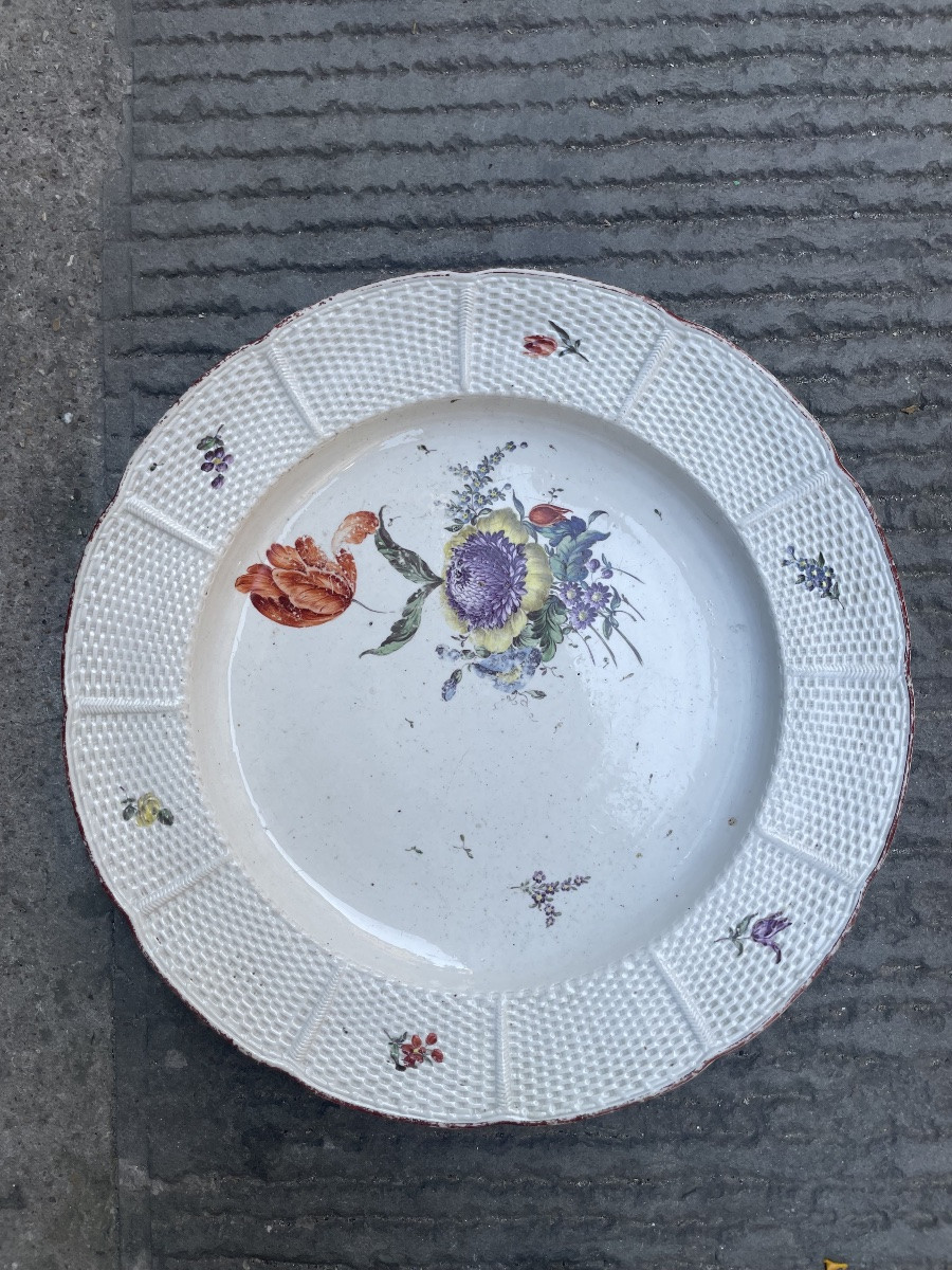 Frankenthal Porcelain Plate 18th Century Floral Decoration Woven Relief 34.5 Cm  -photo-5