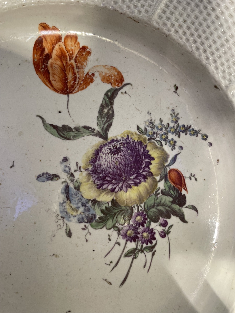 Frankenthal Porcelain Plate 18th Century Floral Decoration Woven Relief 34.5 Cm  -photo-7