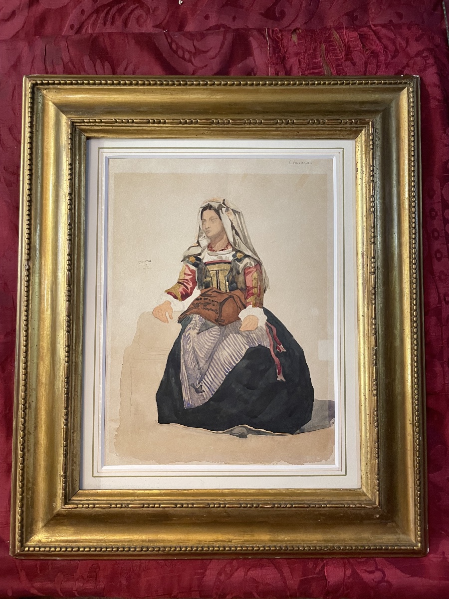 Italian Woman Of Cervara In Traditional Costume, 19th Century  Watercolor And Pencil On Paper -photo-2