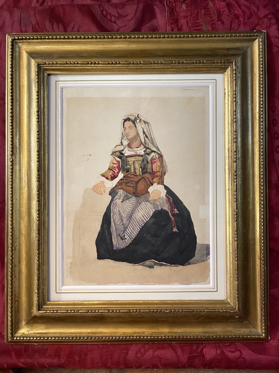Italian Woman Of Cervara In Traditional Costume, 19th Century  Watercolor And Pencil On Paper -photo-3