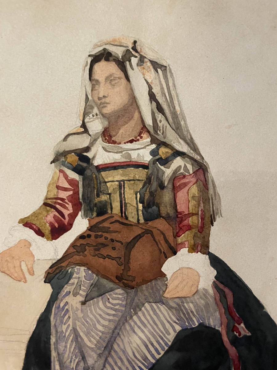 Italian Woman Of Cervara In Traditional Costume, 19th Century  Watercolor And Pencil On Paper -photo-4