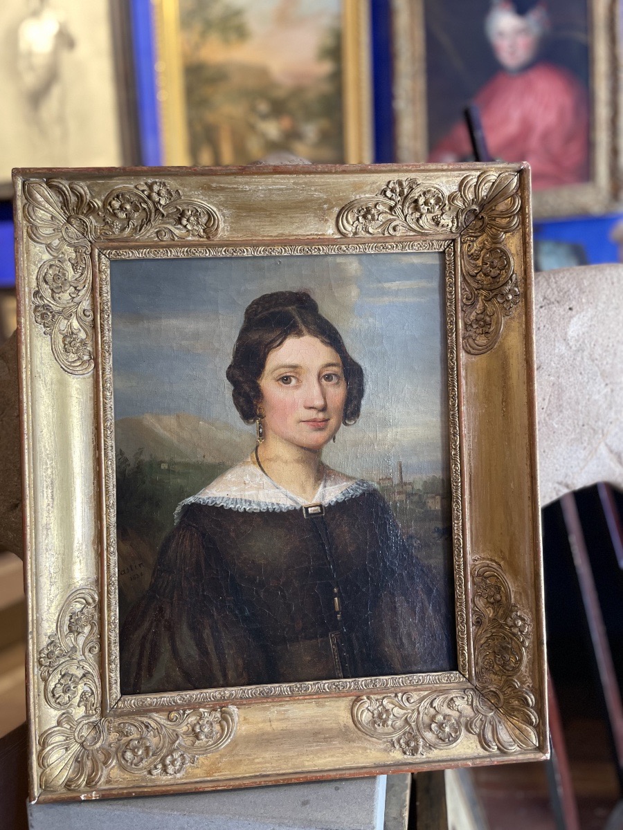 A Signed And Dated Portrait Of A Woman By Castin, 1838, Featuring A Scene With A Dog And A Cat.-photo-2