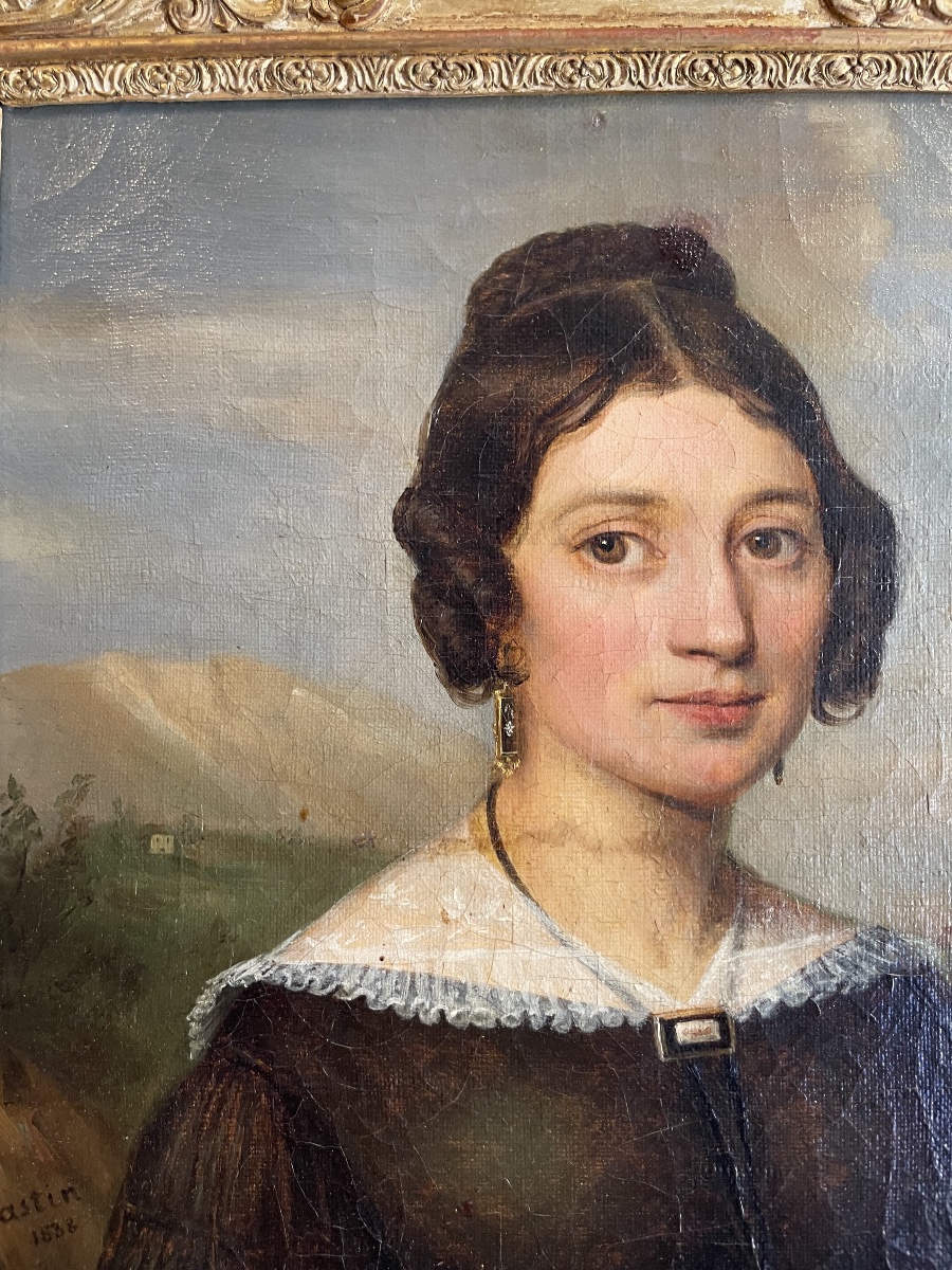 A Signed And Dated Portrait Of A Woman By Castin, 1838, Featuring A Scene With A Dog And A Cat.-photo-6