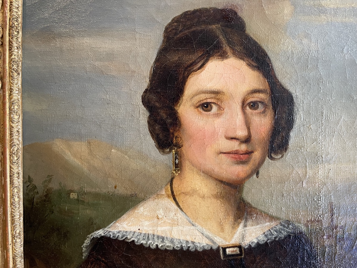 A Signed And Dated Portrait Of A Woman By Castin, 1838, Featuring A Scene With A Dog And A Cat.-photo-7