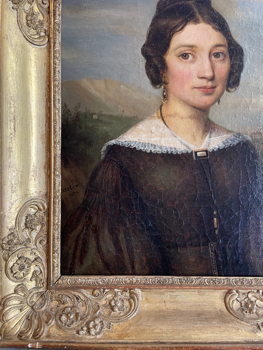 A Signed And Dated Portrait Of A Woman By Castin, 1838, Featuring A Scene With A Dog And A Cat.-photo-8