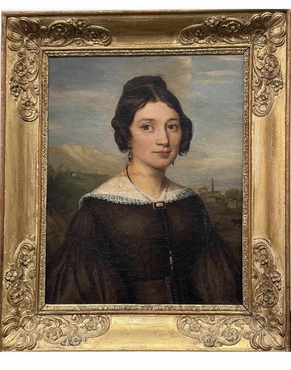 A Signed And Dated Portrait Of A Woman By Castin, 1838, Featuring A Scene With A Dog And A Cat.