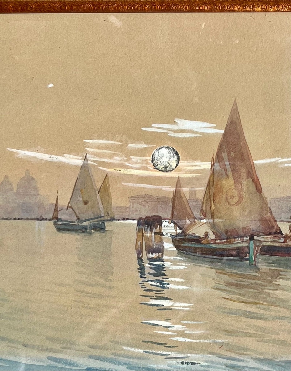 Gino Scalatelli (1876-1943?) View Of Venice From The Giudecca With Bragozzi Under Lug Sails -photo-3