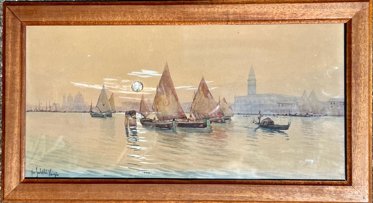 Gino Scalatelli (1876-1943?) View Of Venice From The Giudecca With Bragozzi Under Lug Sails 