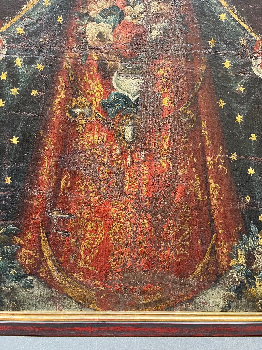 Madonna de l’Apocalypse aux ex-voto en forme de cœur. Vice-royaume du Pérou, art colonial-photo-3