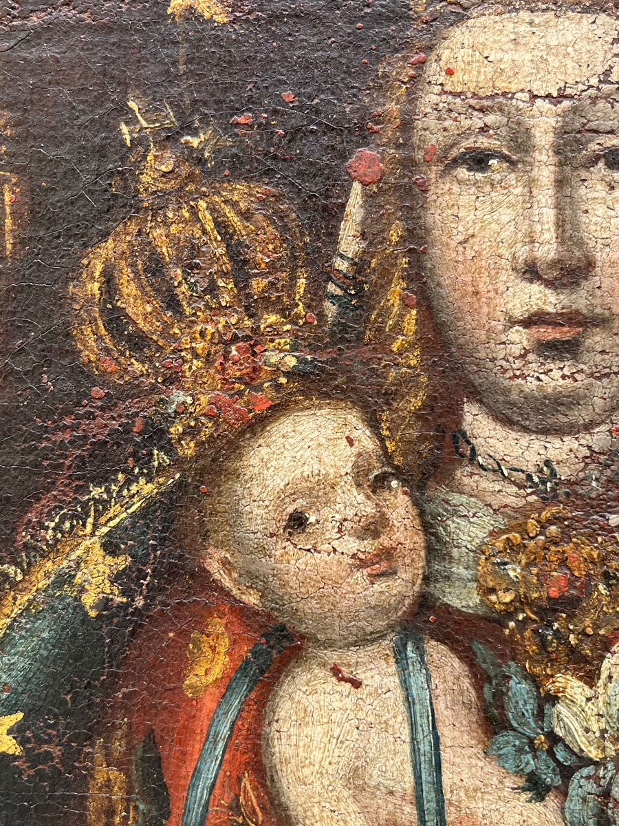 Madonna de l’Apocalypse aux ex-voto en forme de cœur. Vice-royaume du Pérou, art colonial-photo-3