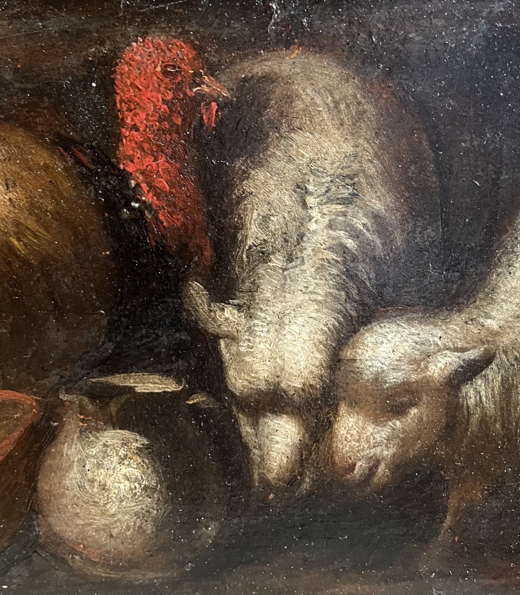 Turkeys, Sheep And Rustic Utensils — Genre Sketch  Italian School, 19th Cent-photo-2