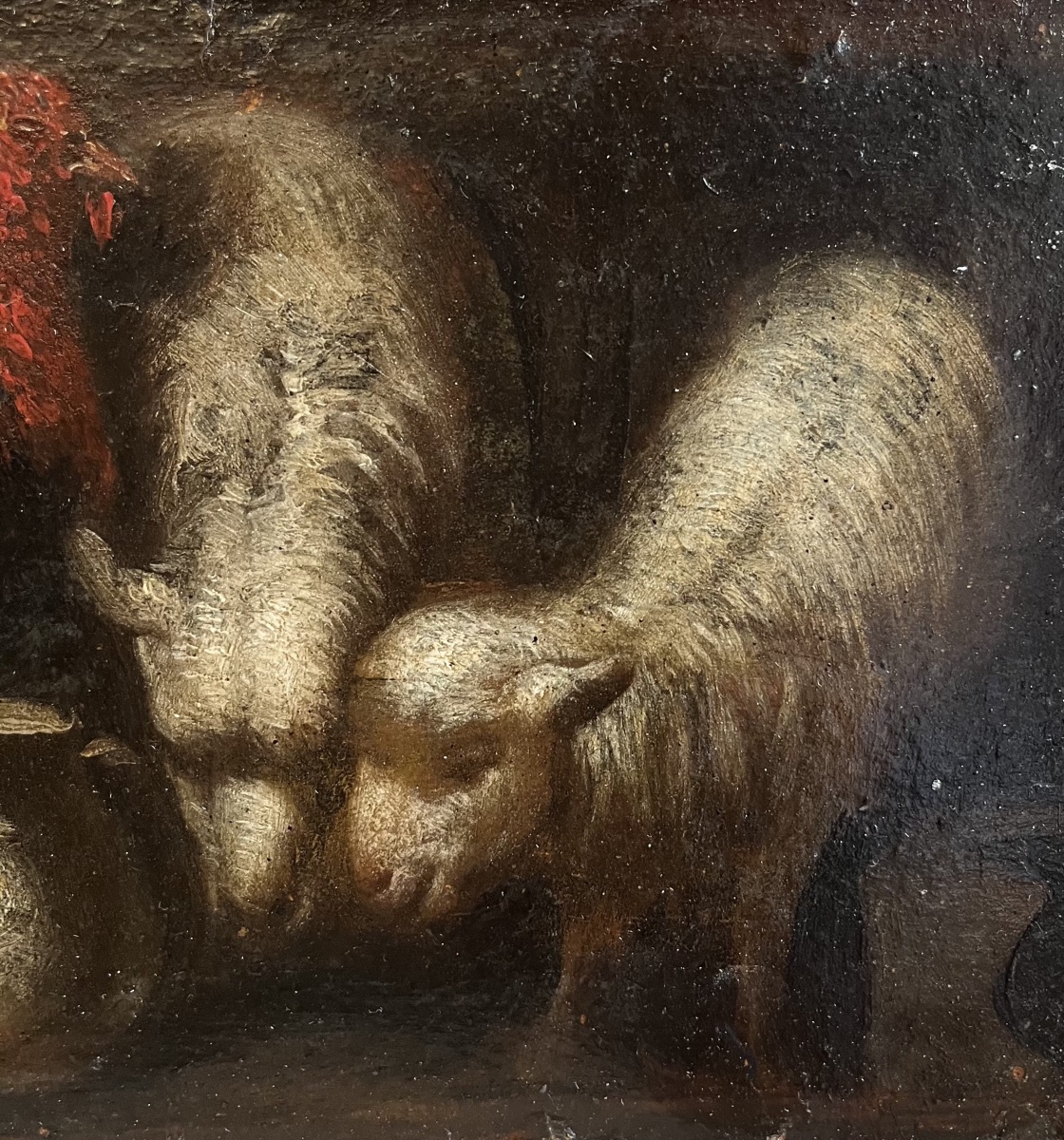 Turkeys, Sheep And Rustic Utensils — Genre Sketch  Italian School, 19th Cent-photo-4