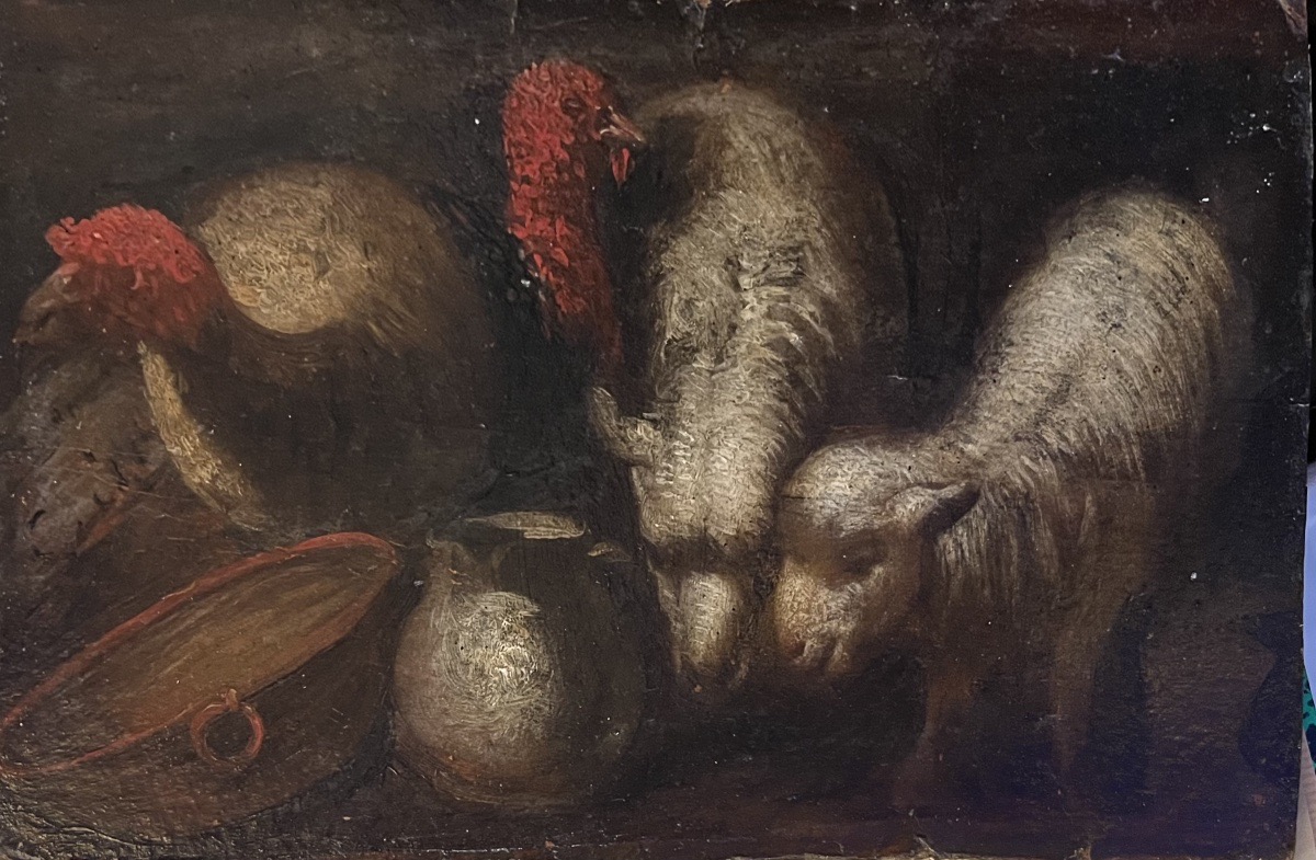 Turkeys, Sheep And Rustic Utensils — Genre Sketch  Italian School, 19th Cent