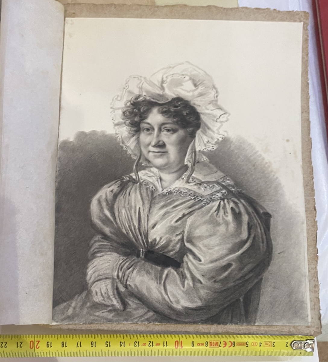 Charcoal Portrait Of A Lady In A Dress With Puffed Sleeves And A Lace Bonnet, Ca. 1830  -photo-2