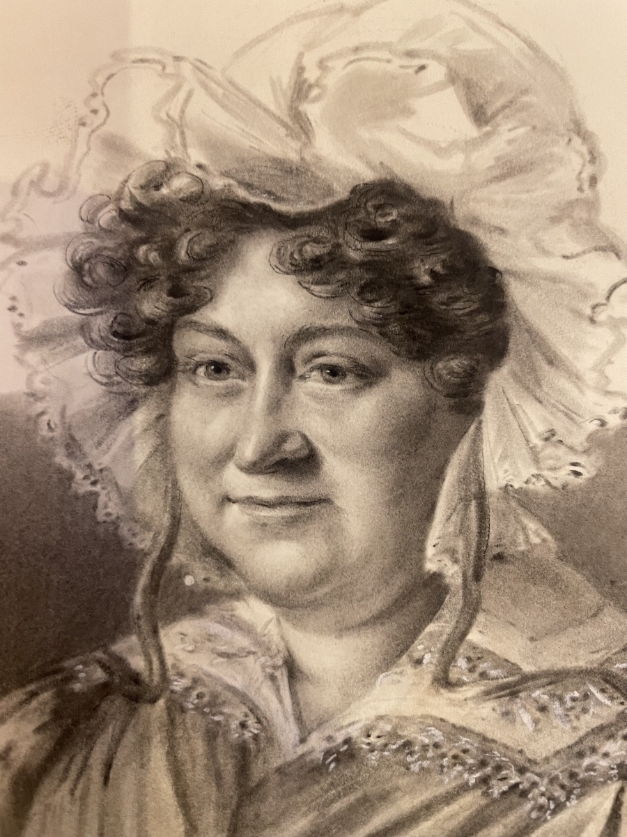 Charcoal Portrait Of A Lady In A Dress With Puffed Sleeves And A Lace Bonnet, Ca. 1830  -photo-4