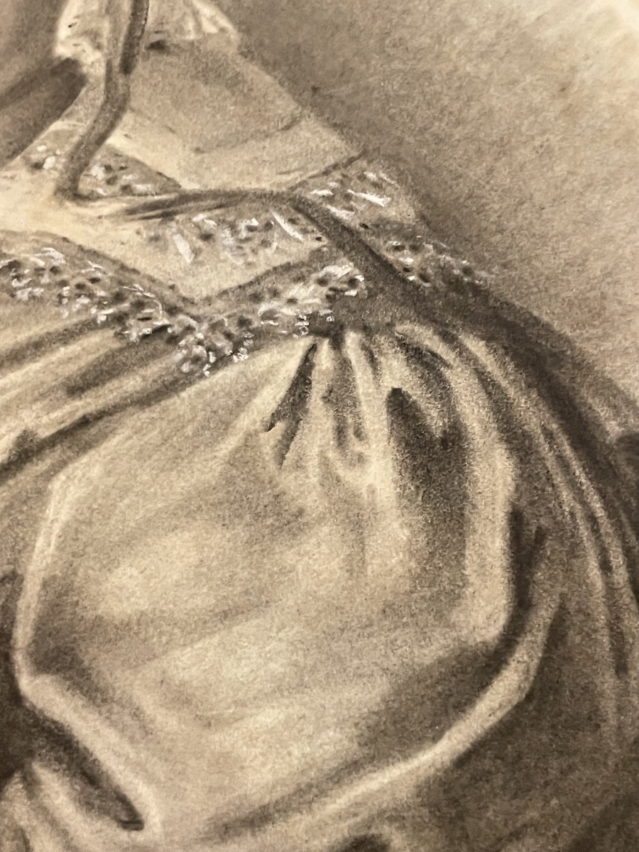 Charcoal Portrait Of A Lady In A Dress With Puffed Sleeves And A Lace Bonnet, Ca. 1830  -photo-1