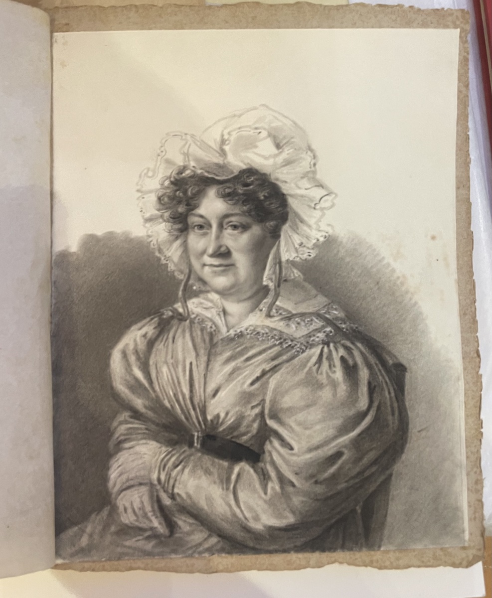 Charcoal Portrait Of A Lady In A Dress With Puffed Sleeves And A Lace Bonnet, Ca. 1830  -photo-4