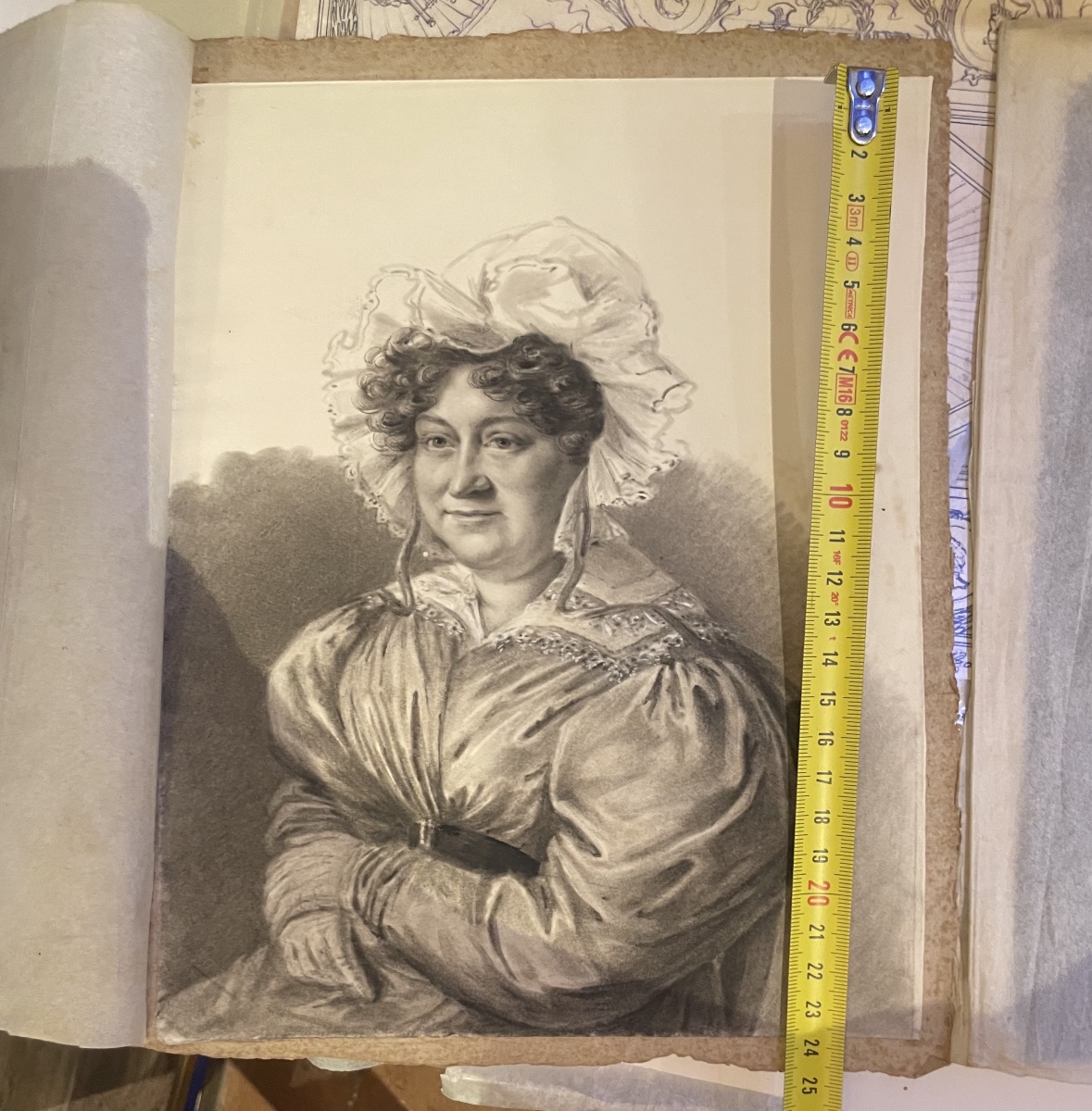 Charcoal Portrait Of A Lady In A Dress With Puffed Sleeves And A Lace Bonnet, Ca. 1830  -photo-6