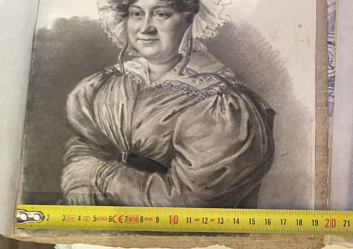 Charcoal Portrait Of A Lady In A Dress With Puffed Sleeves And A Lace Bonnet, Ca. 1830  -photo-7