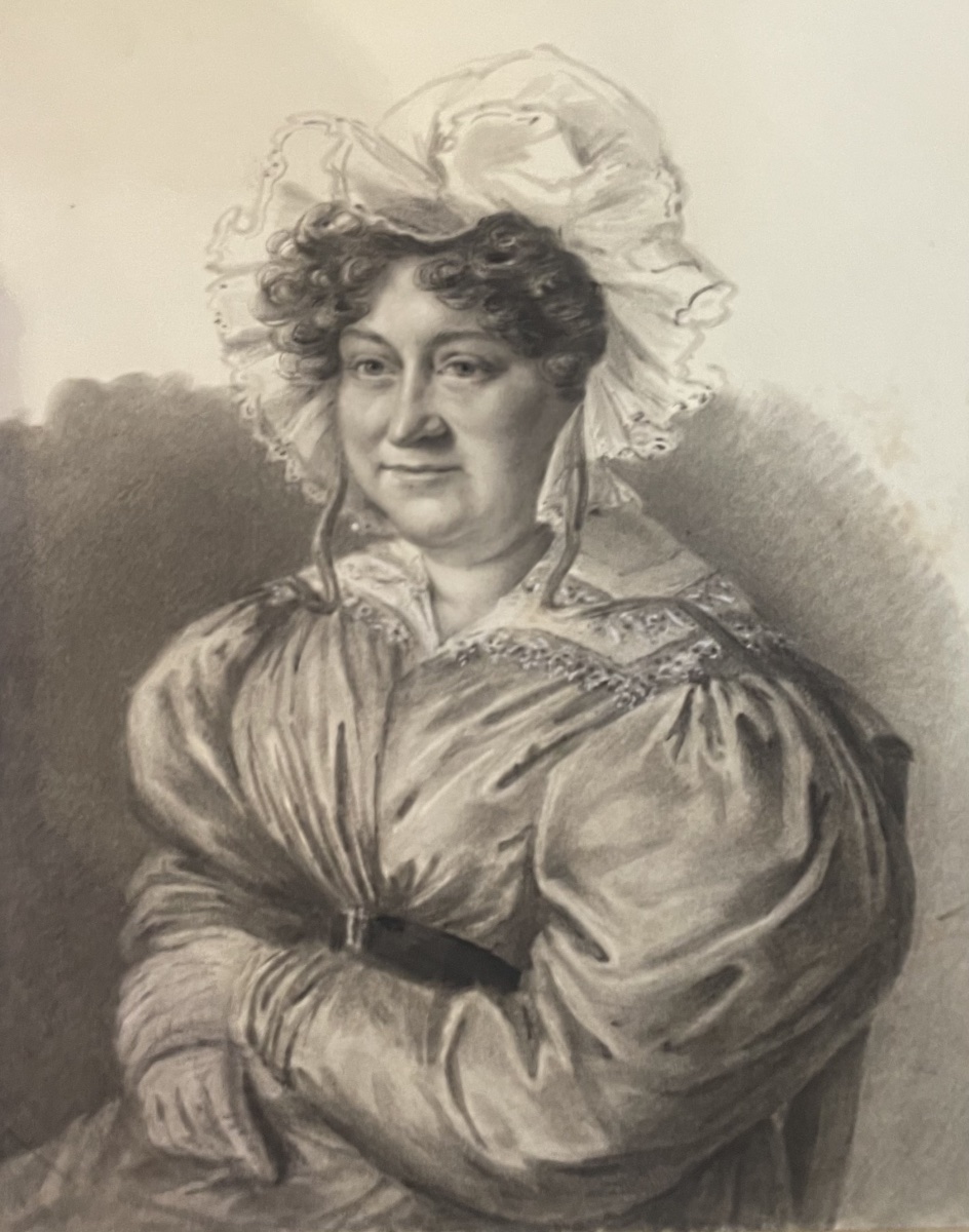 Charcoal Portrait Of A Lady In A Dress With Puffed Sleeves And A Lace Bonnet, Ca. 1830  