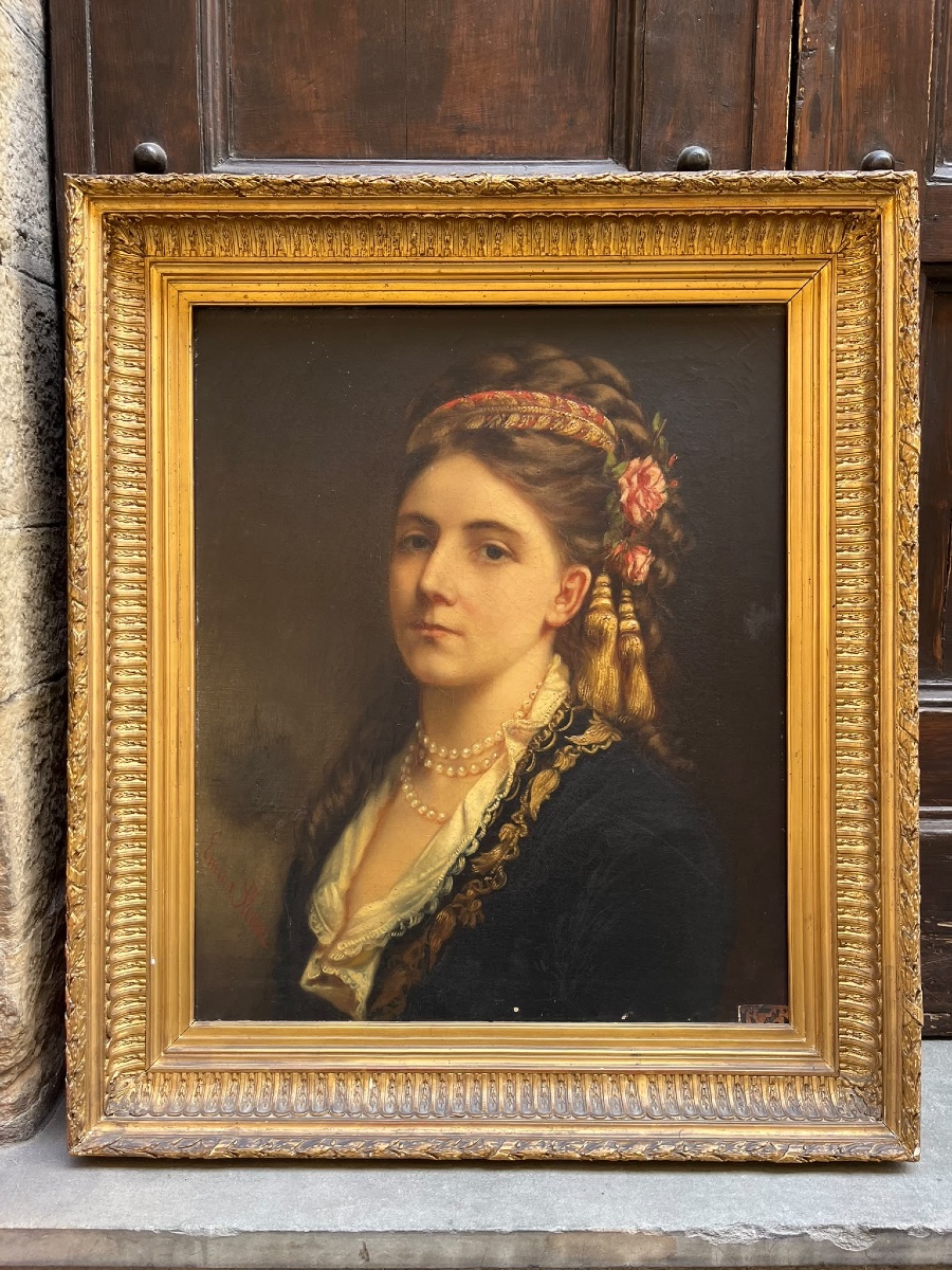 Portrait de jeune femme en costume balkanique d’influence ottomane, signé Emma Sterrer, ca 1880-photo-2