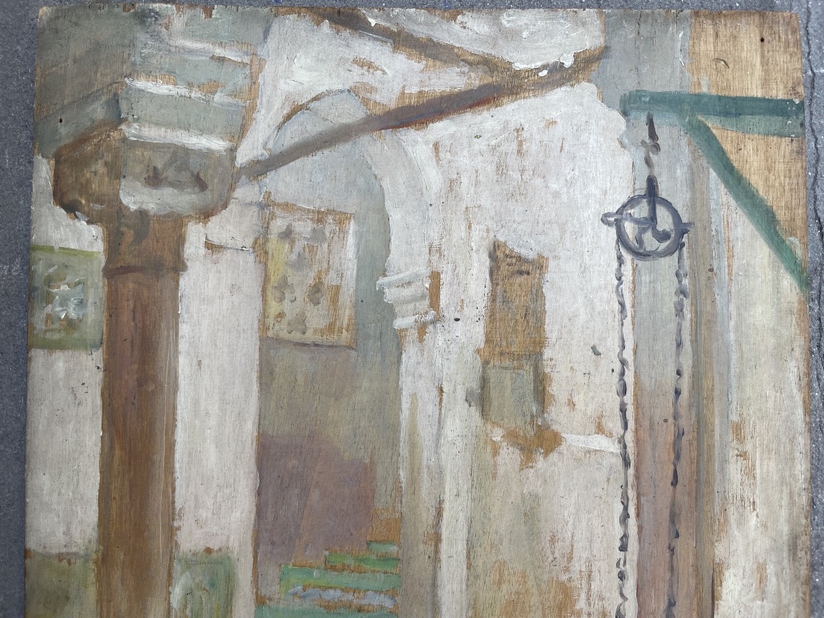 Henry d’Estienne (1872-1949) – Cour intérieure nord-africaine, petit panneau  -photo-2