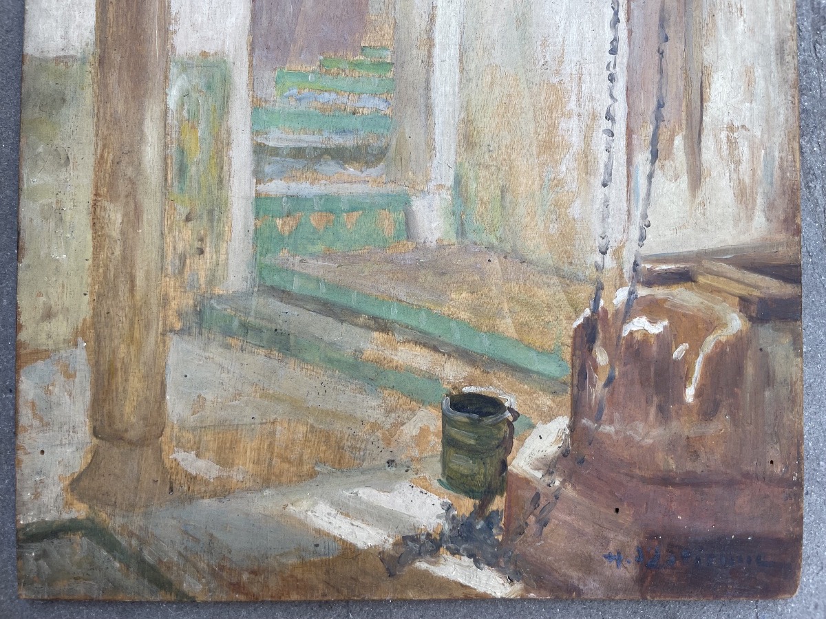 Henry d’Estienne (1872-1949) – Cour intérieure nord-africaine, petit panneau  -photo-3