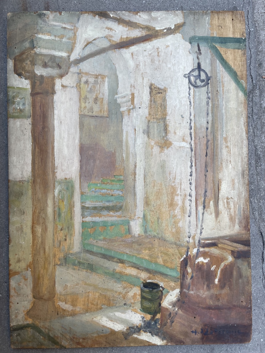Henry d’Estienne (1872-1949) – Cour intérieure nord-africaine, petit panneau  