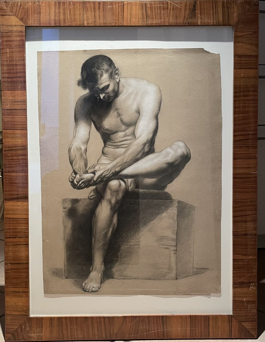 Dessin académique de nu, étude du Spinario, école florentine, vers 1800-photo-7