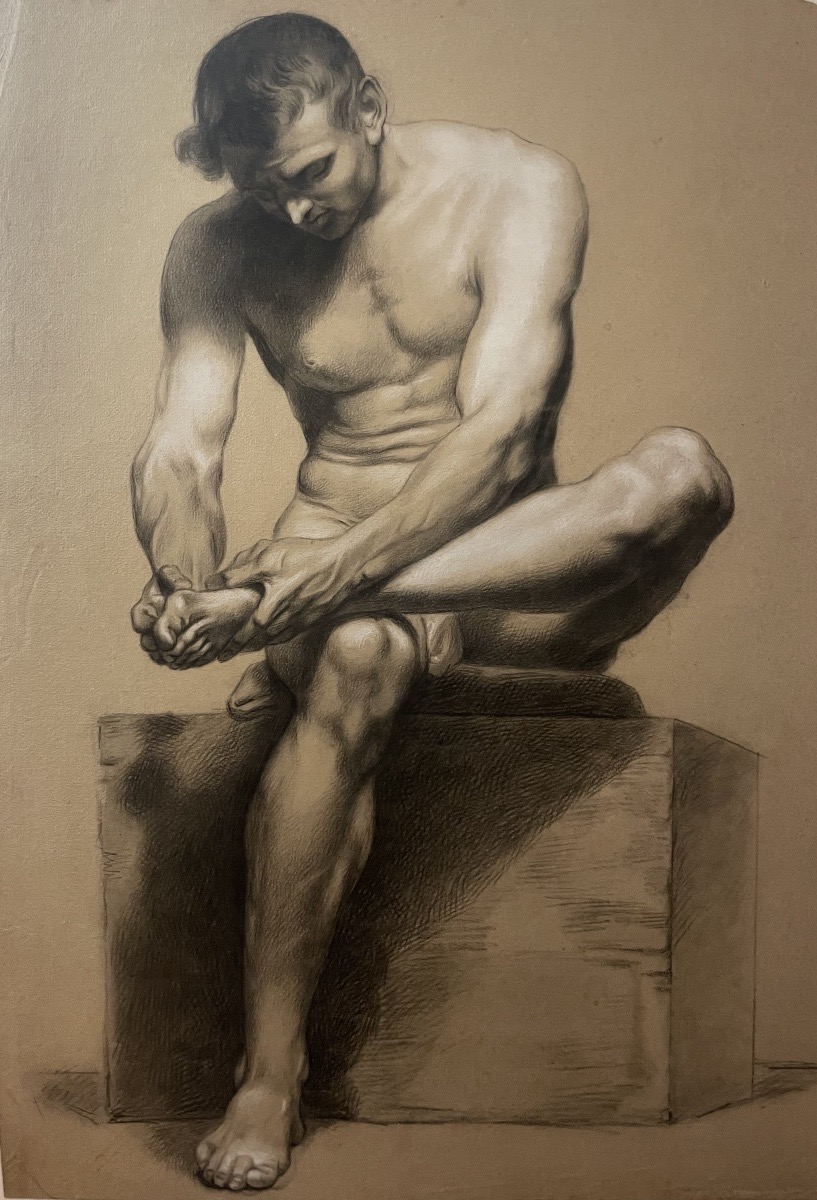 Dessin académique de nu, étude du Spinario, école florentine, vers 1800